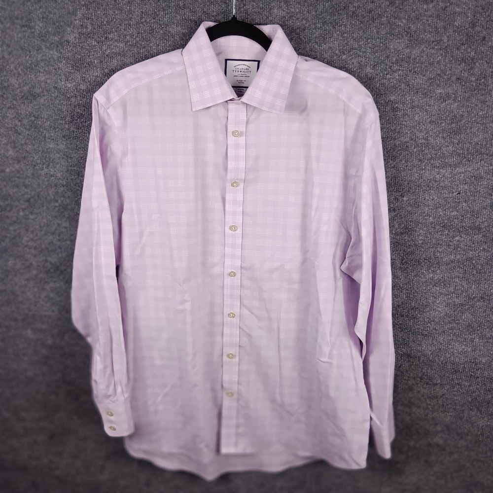 Charles Tyrwhitt Men Lavender Check Non Iron Dress Shirt 16.5 34 Classic Fit